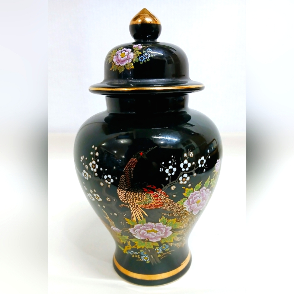 Elegant Vintage Black Ceramic Porcelain Ginger Jar with Floral Design